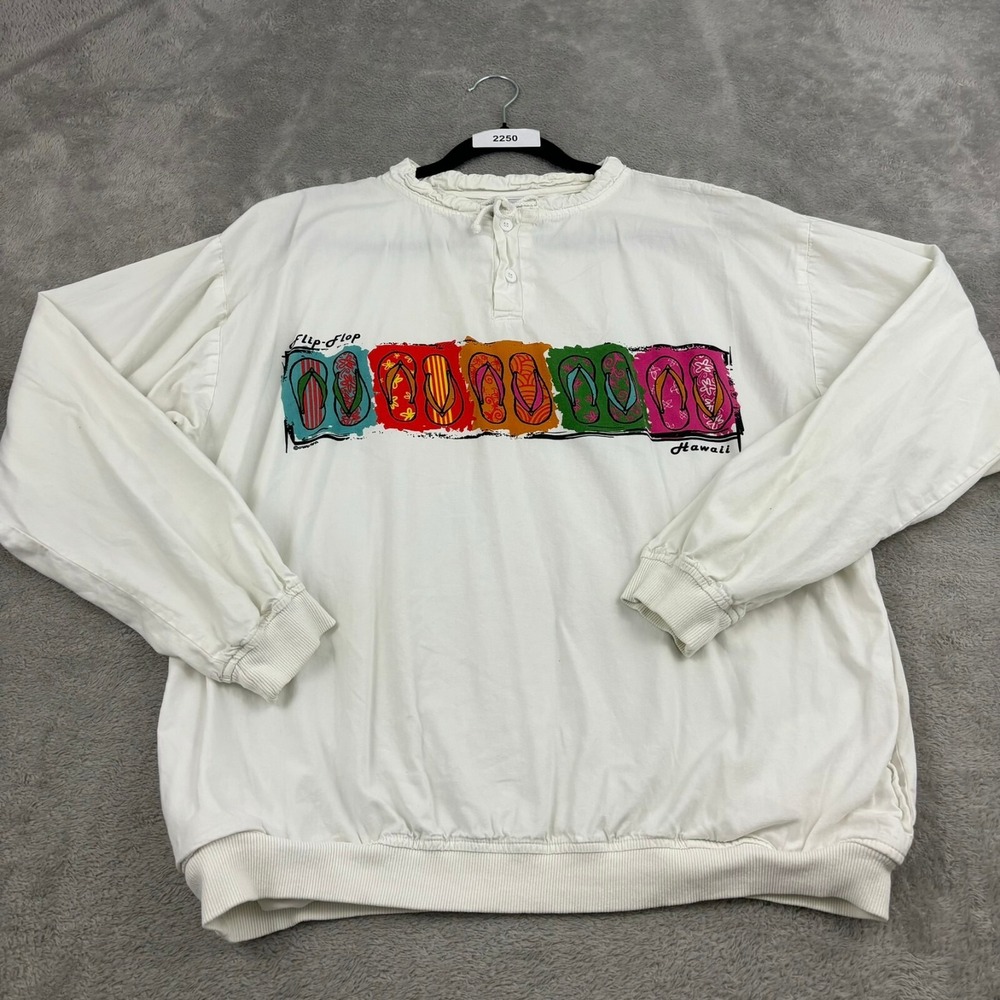 Crazy‎ Shirt Hawaii Sweatshirt Womens L White Flip Flops Colorful Retro Pockets